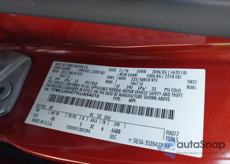 2019 Ford Escape Sel z USA, uszkodzony, nr VIN 1FMCU0HD7KUA54010